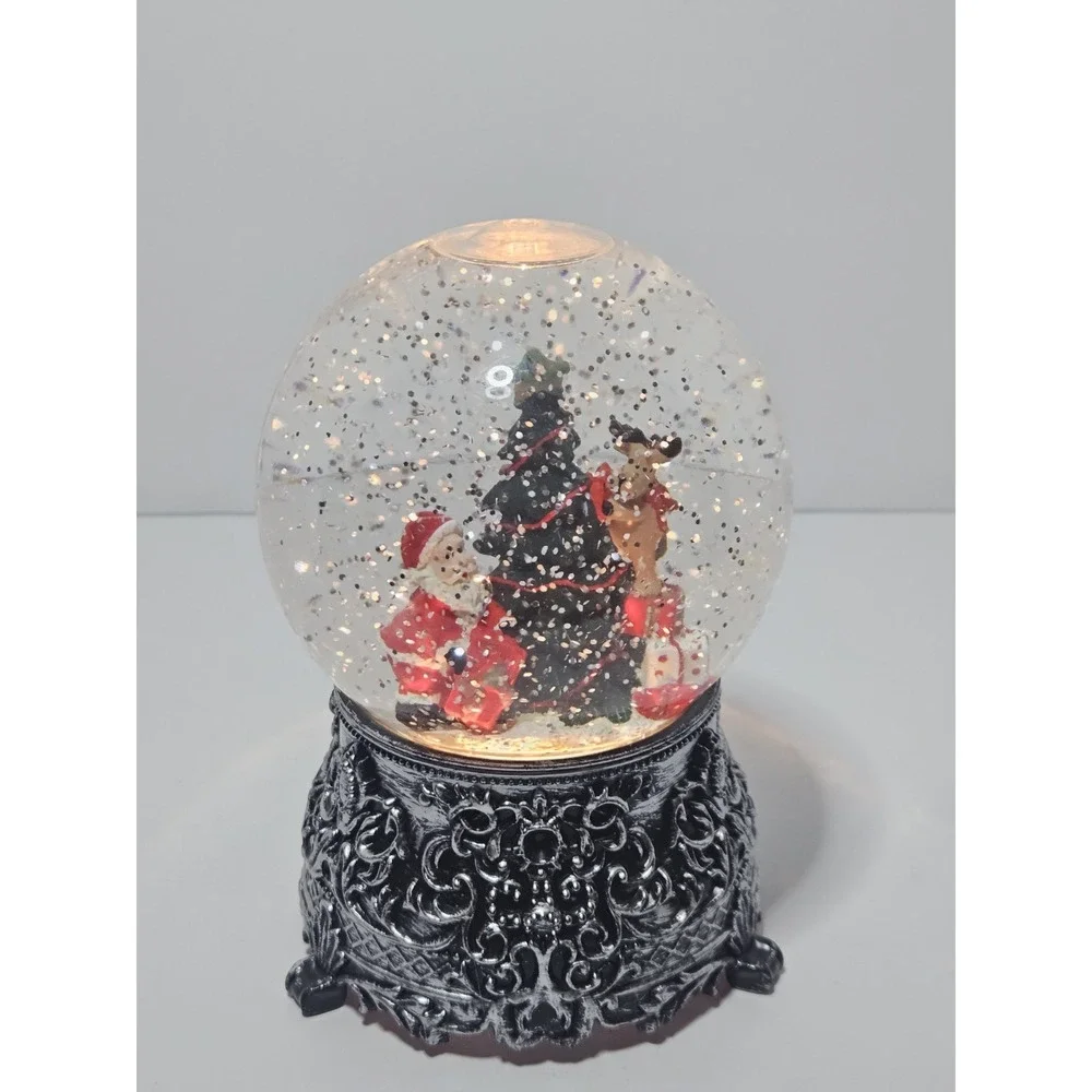 Lighted Christmas Tree Snow Globe Swirling Glitter Plastic Dome Black Filigree